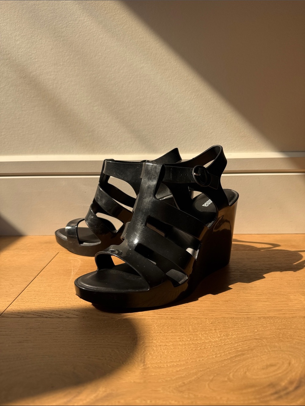 Melissa Venus Jelly Black Glossy Strappy Wedge Sandals